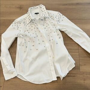 Ann Taylor White Embellished Button-Up Blouse